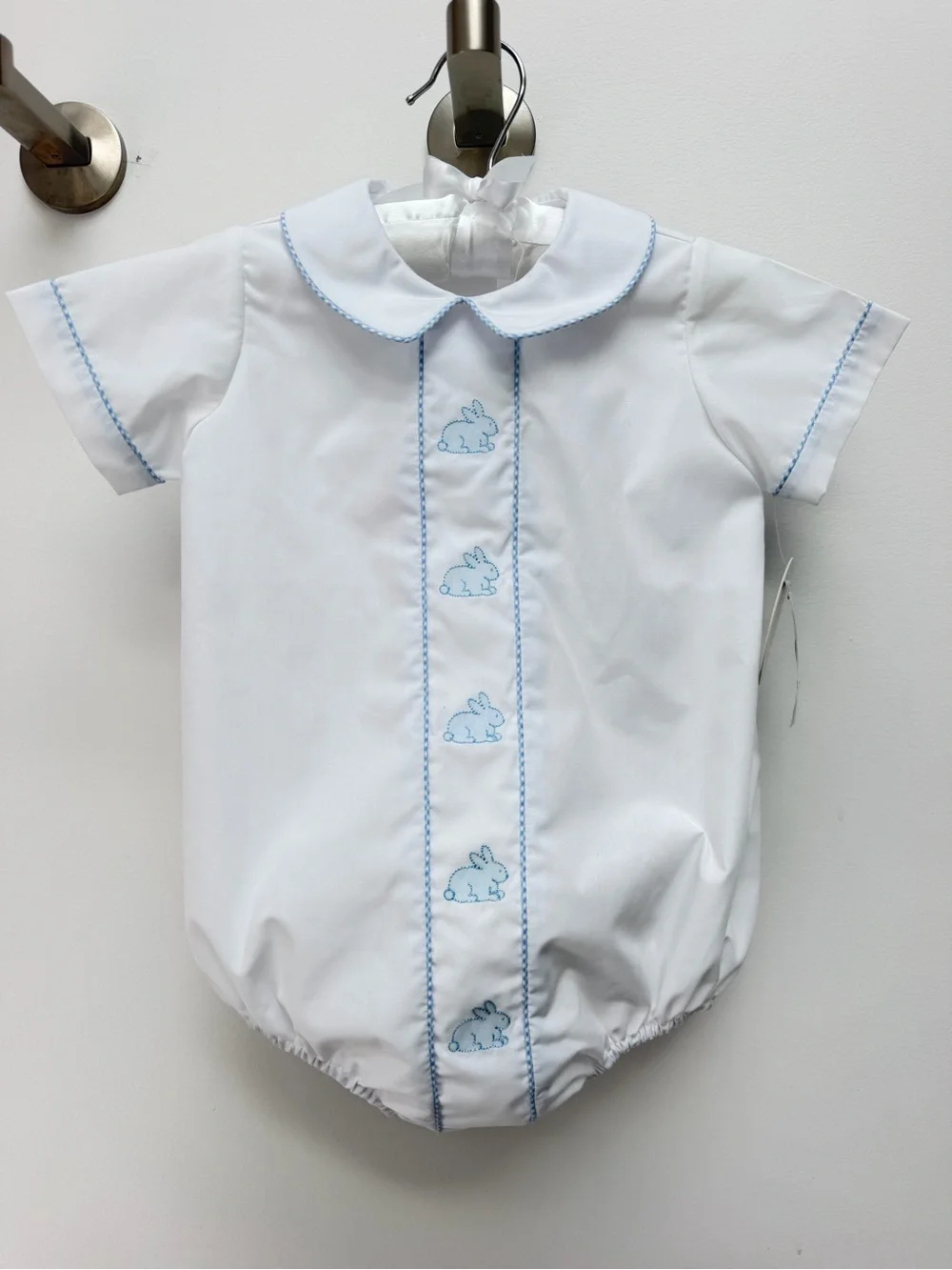 Edgehill Classic White Baby One-Piece with Blue Bunny Embroidery